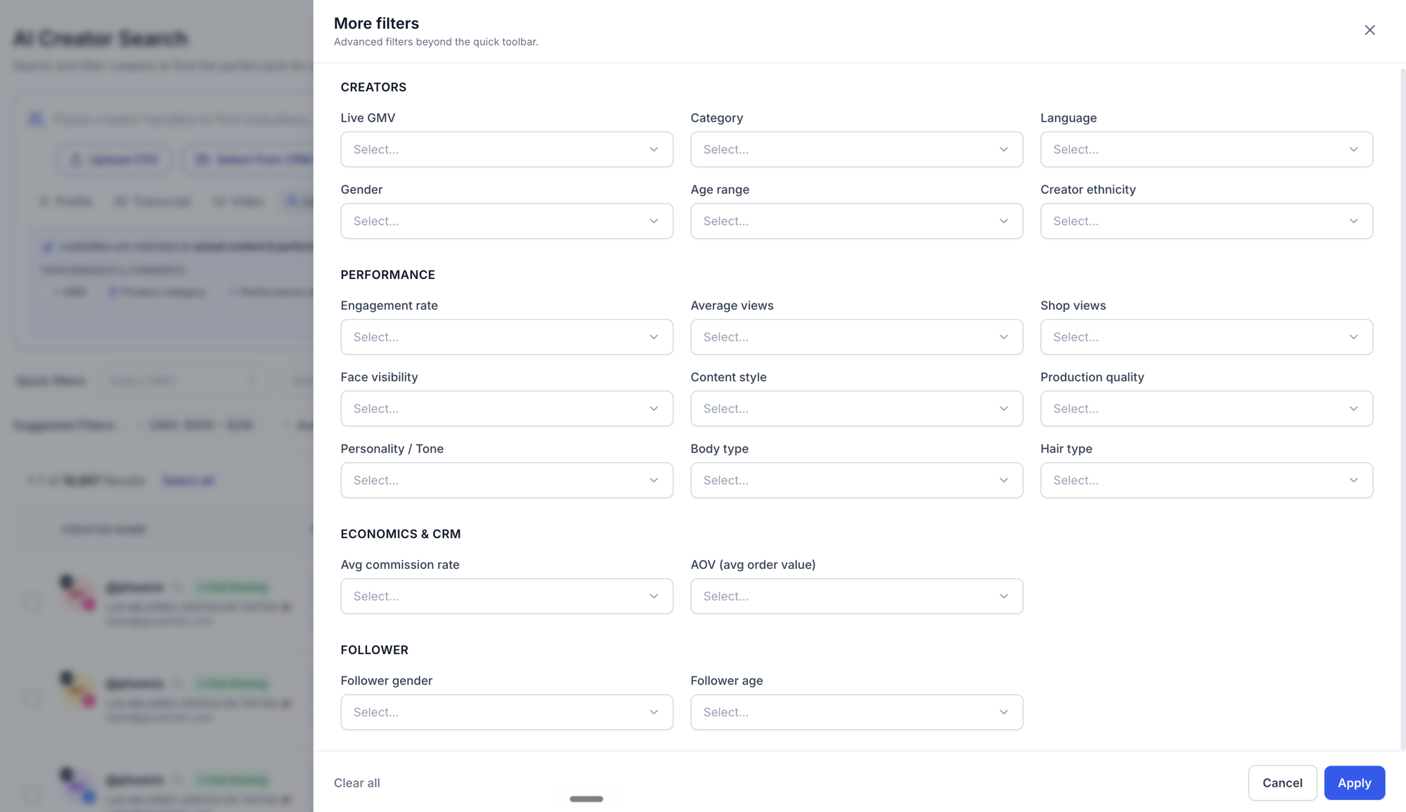 Filter on what matters — AI Creator Search